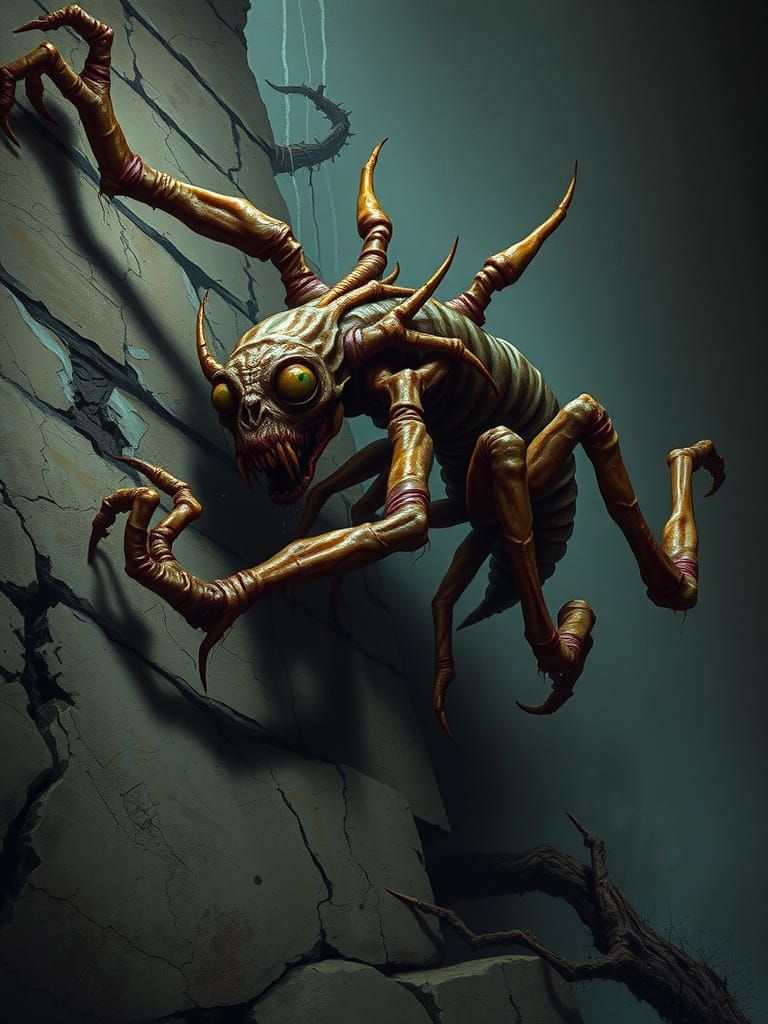 Eldritch Horror Crawls Decrepit Stone Wall in Grotesque, Ara...