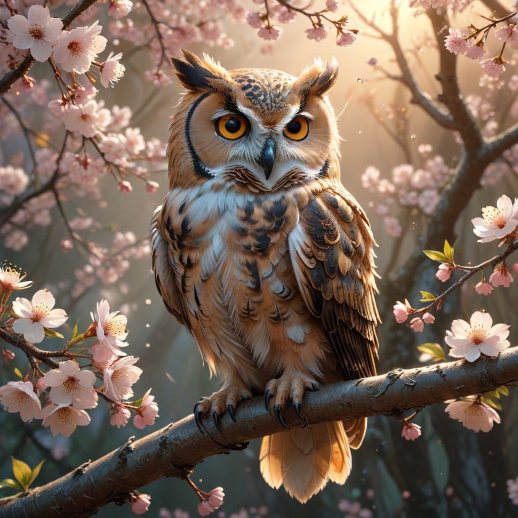 Cherry Blossom Owl Perched on Branch Digital Matte Painting