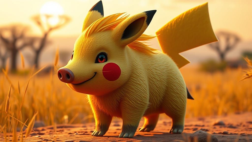 Anime Pikachu-Pumba Fusion Roams a Vibrant Savannah