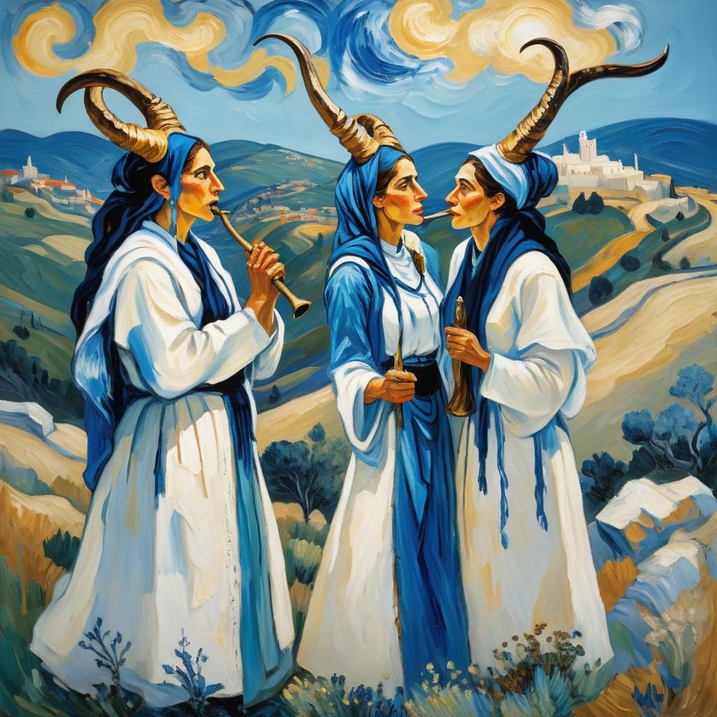 Neo-Expressionist Painting of Women with Ibex Horns