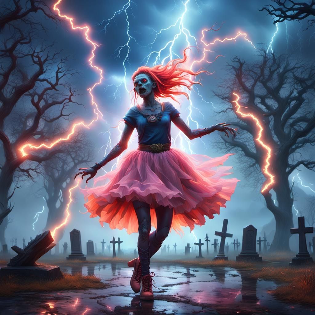 Zombie Woman Dancing in Lightning Storm