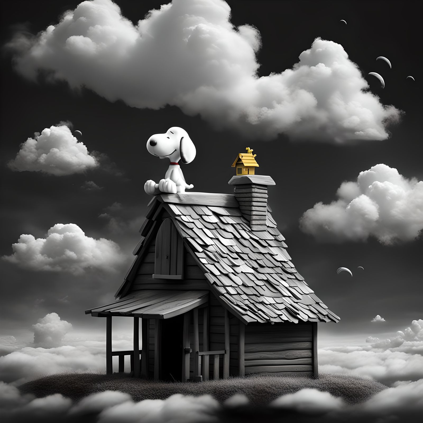Snoopy Flying on Doghouse in Clouds