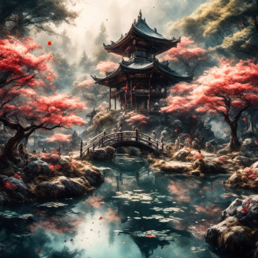 Detailed Ink Painting of Japanese Garden with Geisha