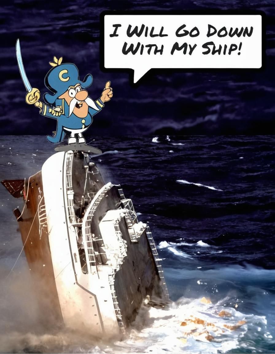 Heroic Captain Commands Sinking Ship in Fantasy Art