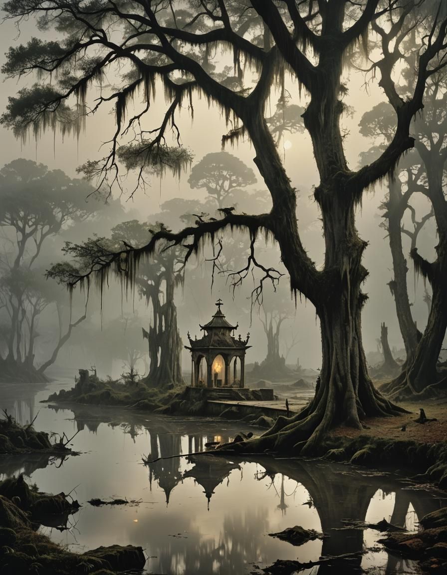 Eerie Swamp Village in Moody Atmospheric Style