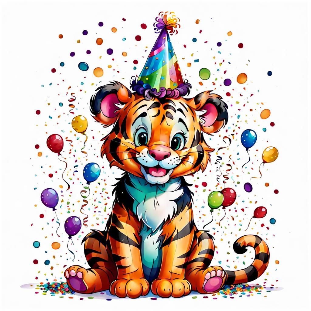 Whimsical Cartoon Tiger Celebrates Birthday in Alcohol Ink