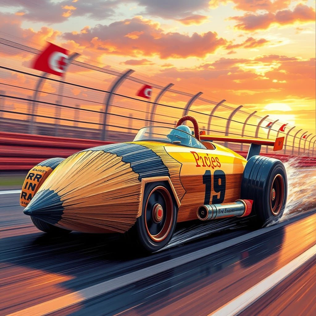 Whimsical Pencil-Shaped Speedster in Sunset Glory