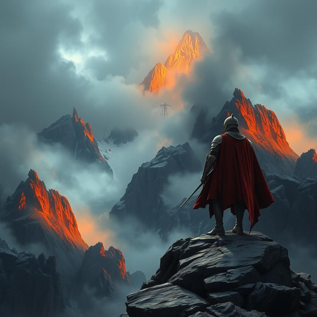 Knight on Misty Mountain Landscape in Dramatic Lighting