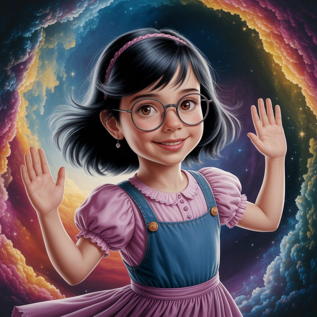 Ethereal Child Dances Among Nebula in Whimsical Oil Painting