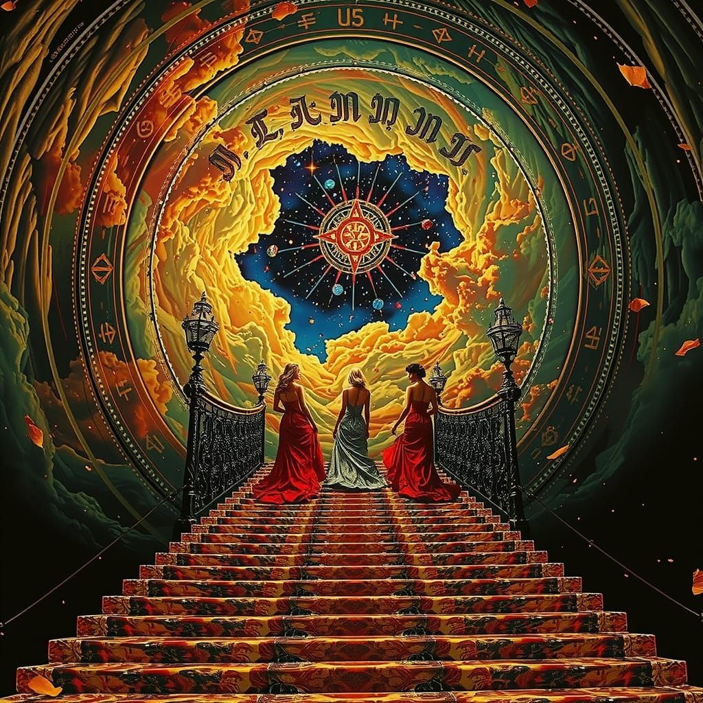 Elegant Women Ascend Celestial Staircase in Hyperrealistic A...