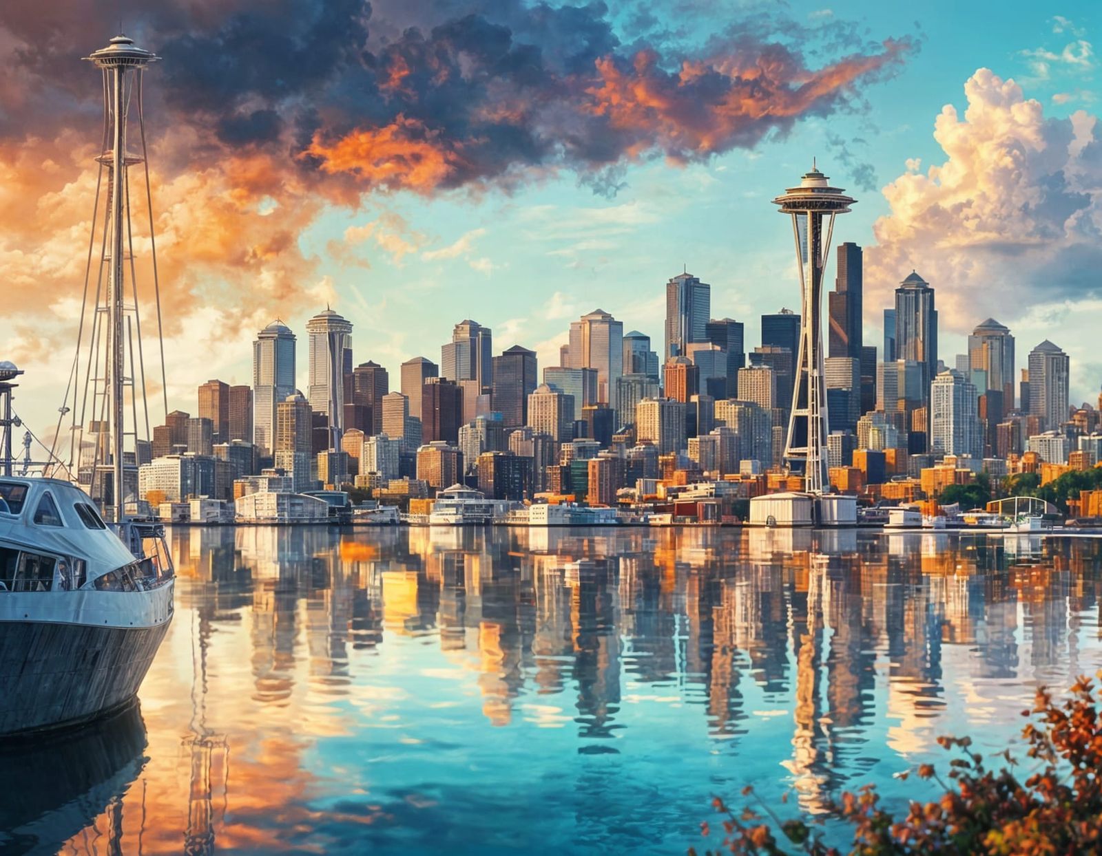 Seattle Skyline Reflecting in Calm Harbor: Photorealistic Il...