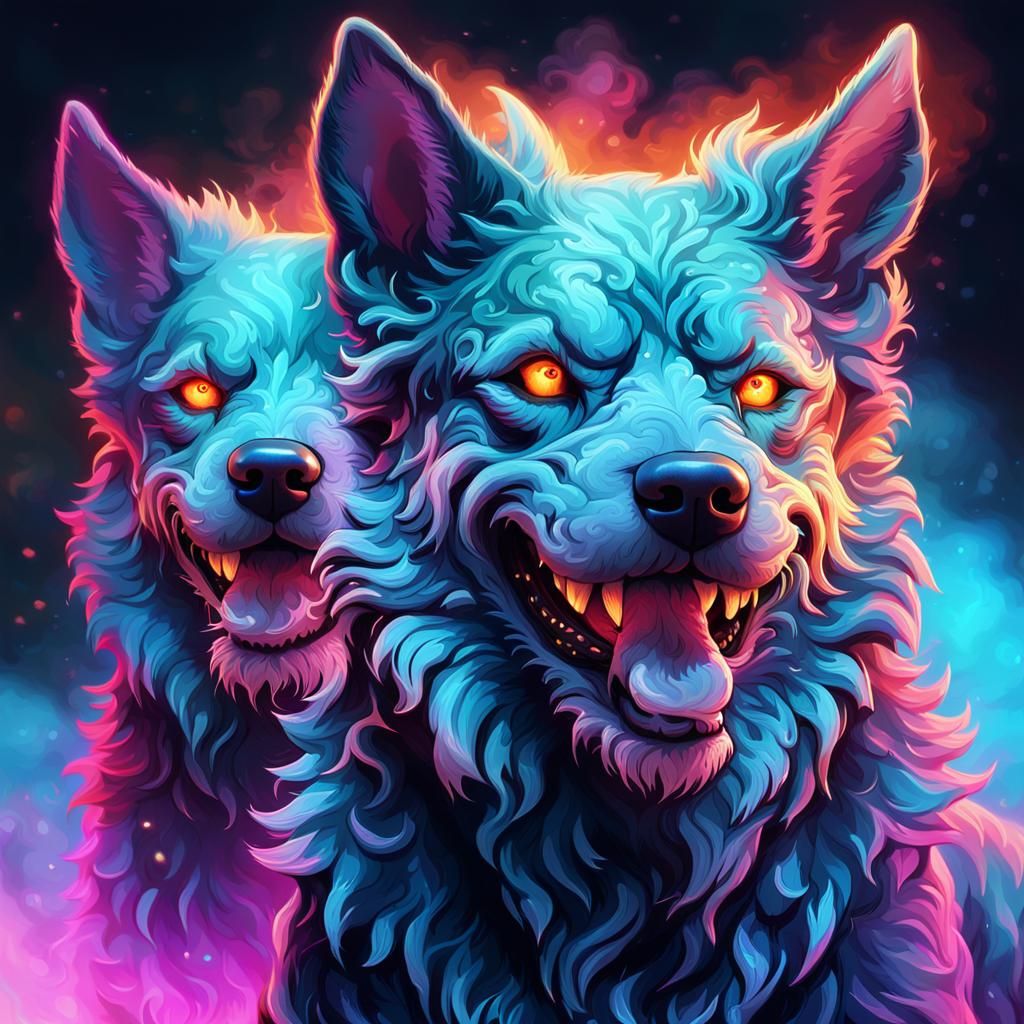 Happy Cerberus Portrait with Neon Glowing Eyes