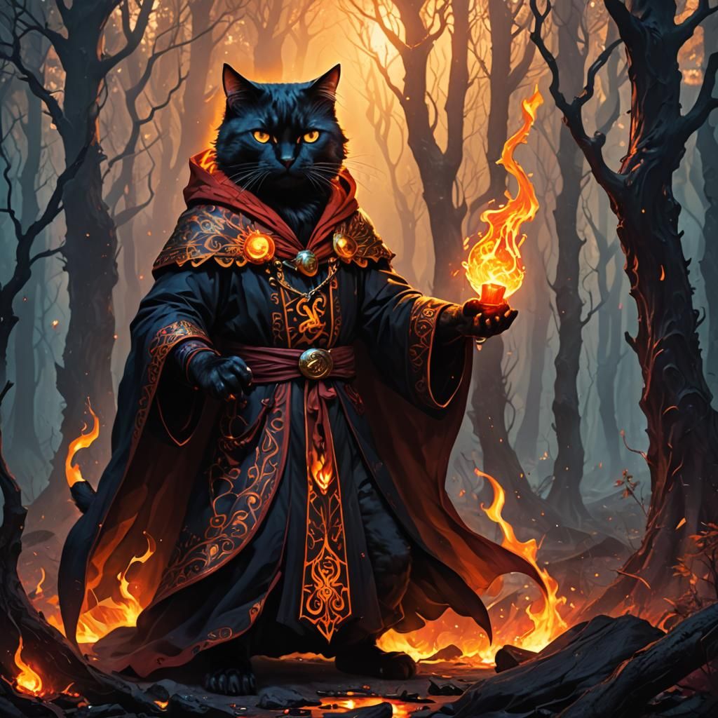Black Cat Sorcerer Casting Fireball in Forest