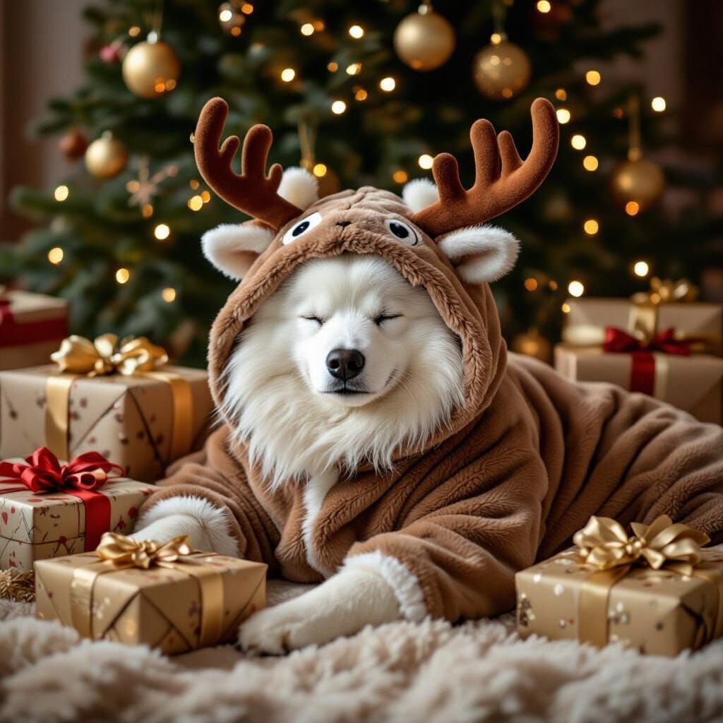Dog in Moose Costume Sleeps by Christmas Tree