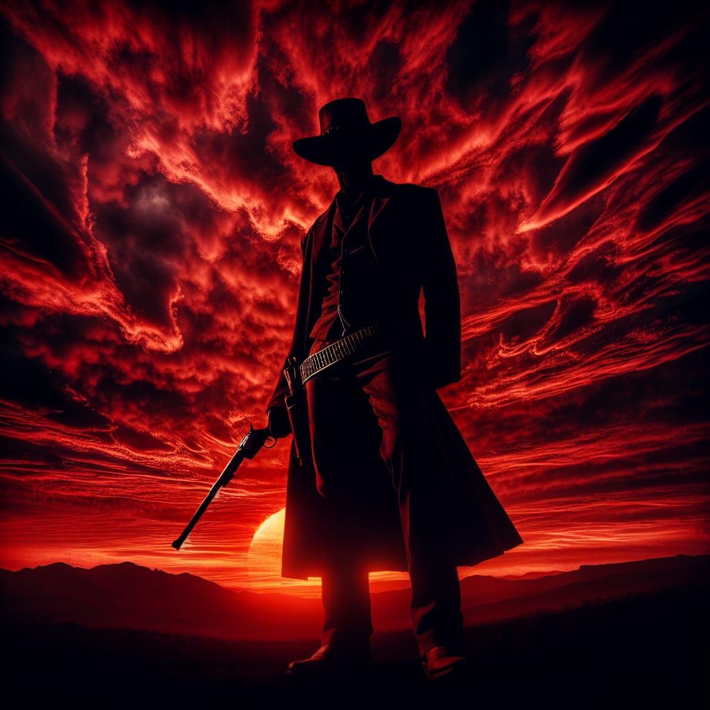 Cowboy Silhouette Against Sinister Sunset Backdrop