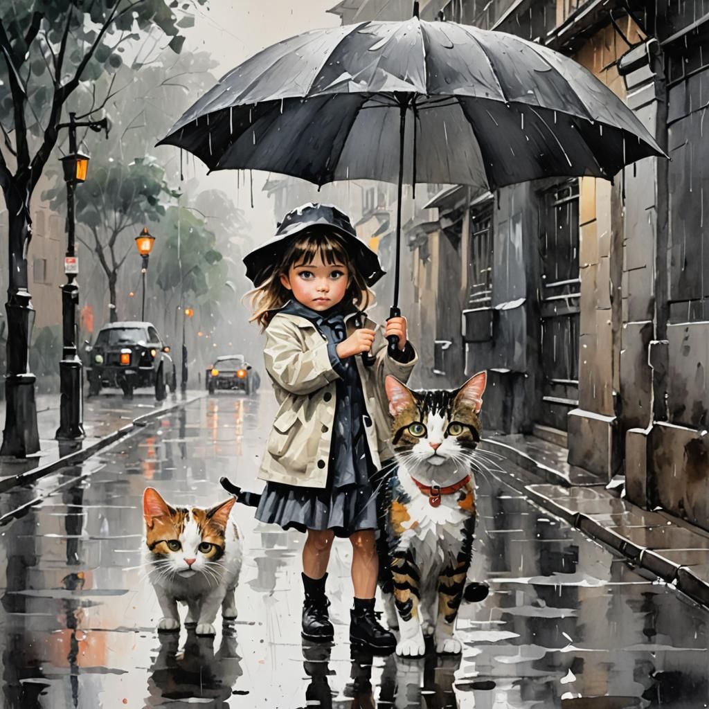 Girl with Cat in Rainy Gouache Impressionism