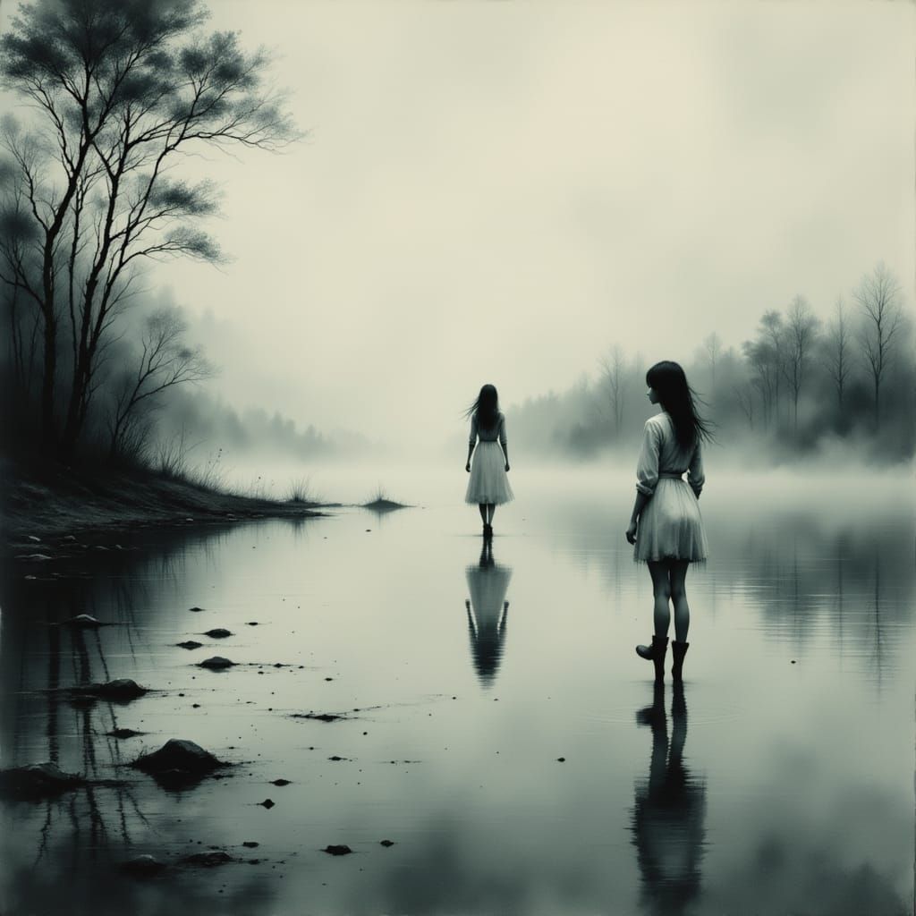 Solitary Woman by Still Lake in Melancholic Landscape