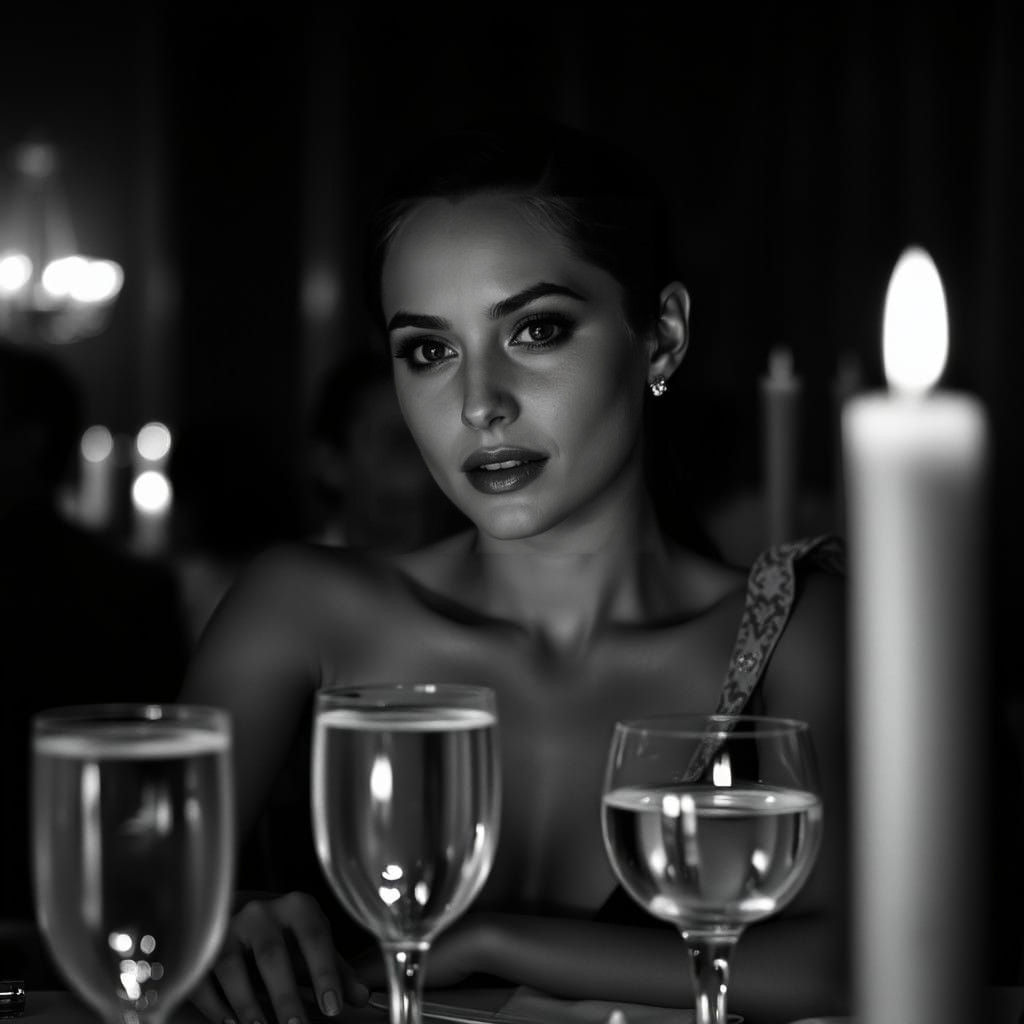 A sophisticated woman sits in a dimly lit atmosphere, the sc...