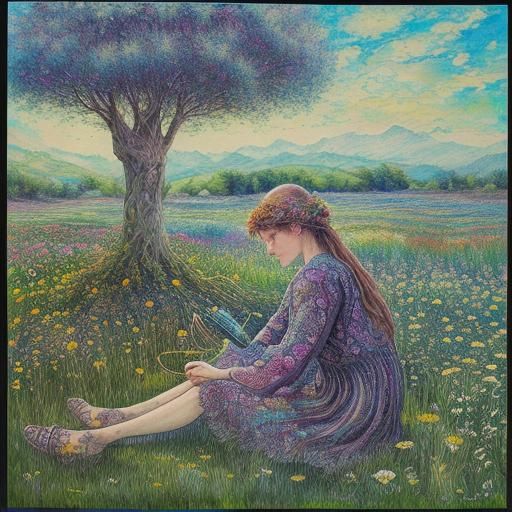 Woman in Wildflower Meadow, Watercolor and Ink Art