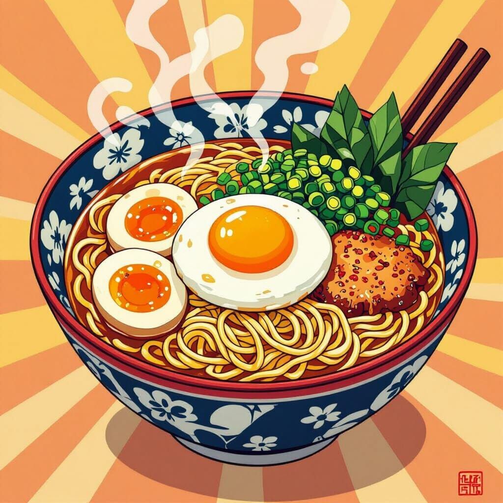 Spicy Ramen with Egg Yolk in Pop Art Style