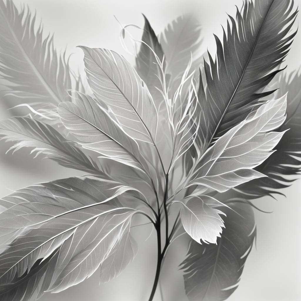 Flower photogram, rayograph, feathers, leaves