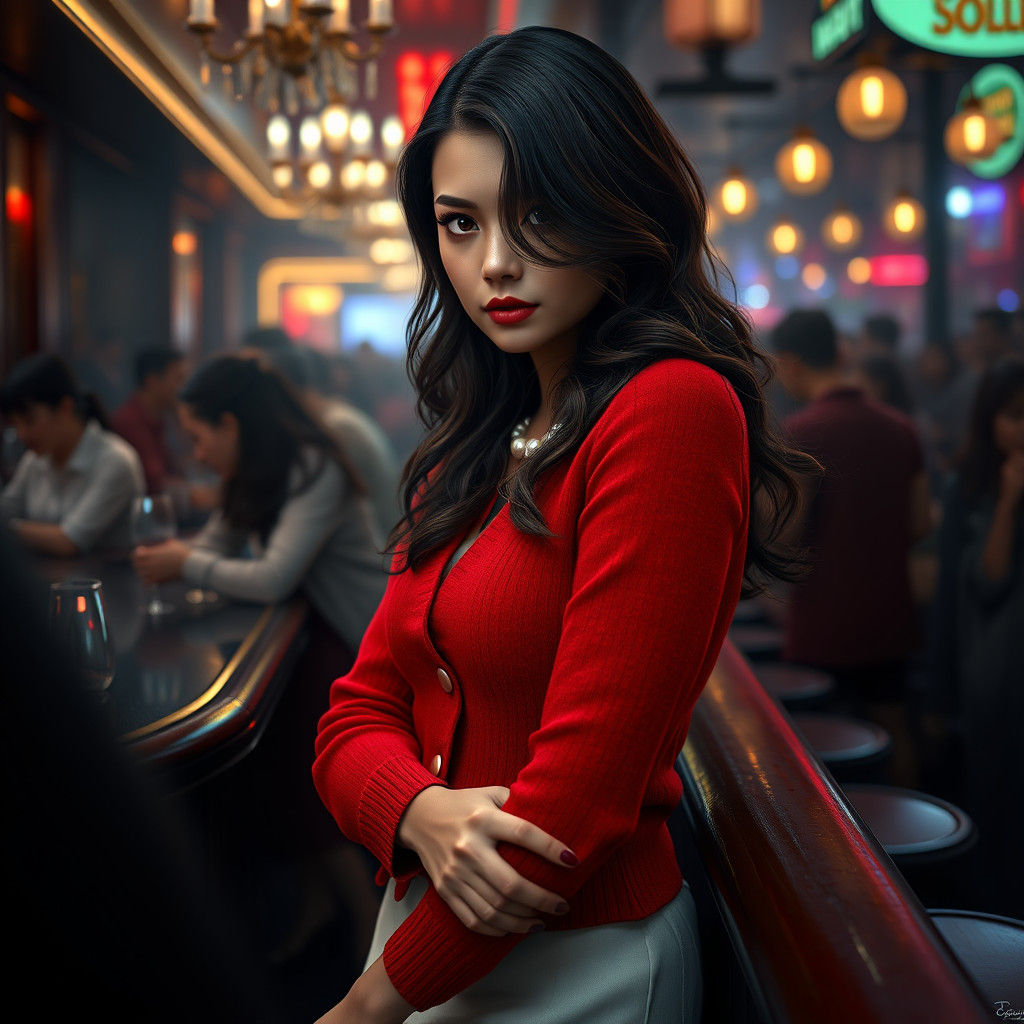 Brunette in Red Cardigan at Crowded Bar