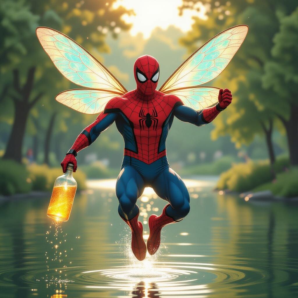 Muscular Peter Parker with Damselfly Wings Over Lake