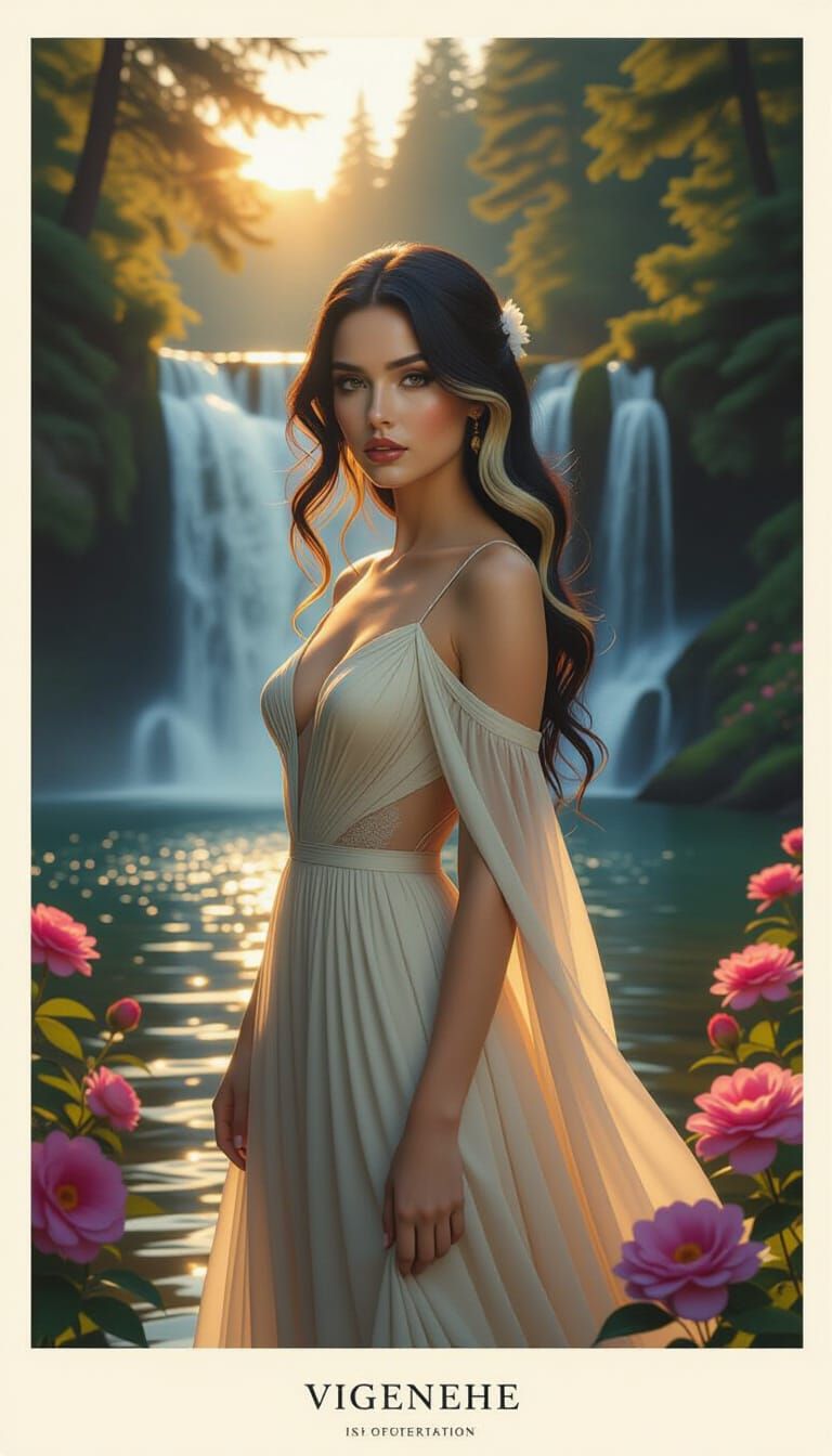 Surreal Woman at Enchanted Waterfall at Golden Hour