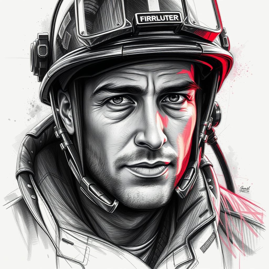 Hyper-Realistic Firefighter Portrait in Vibrant Triadic Colo...