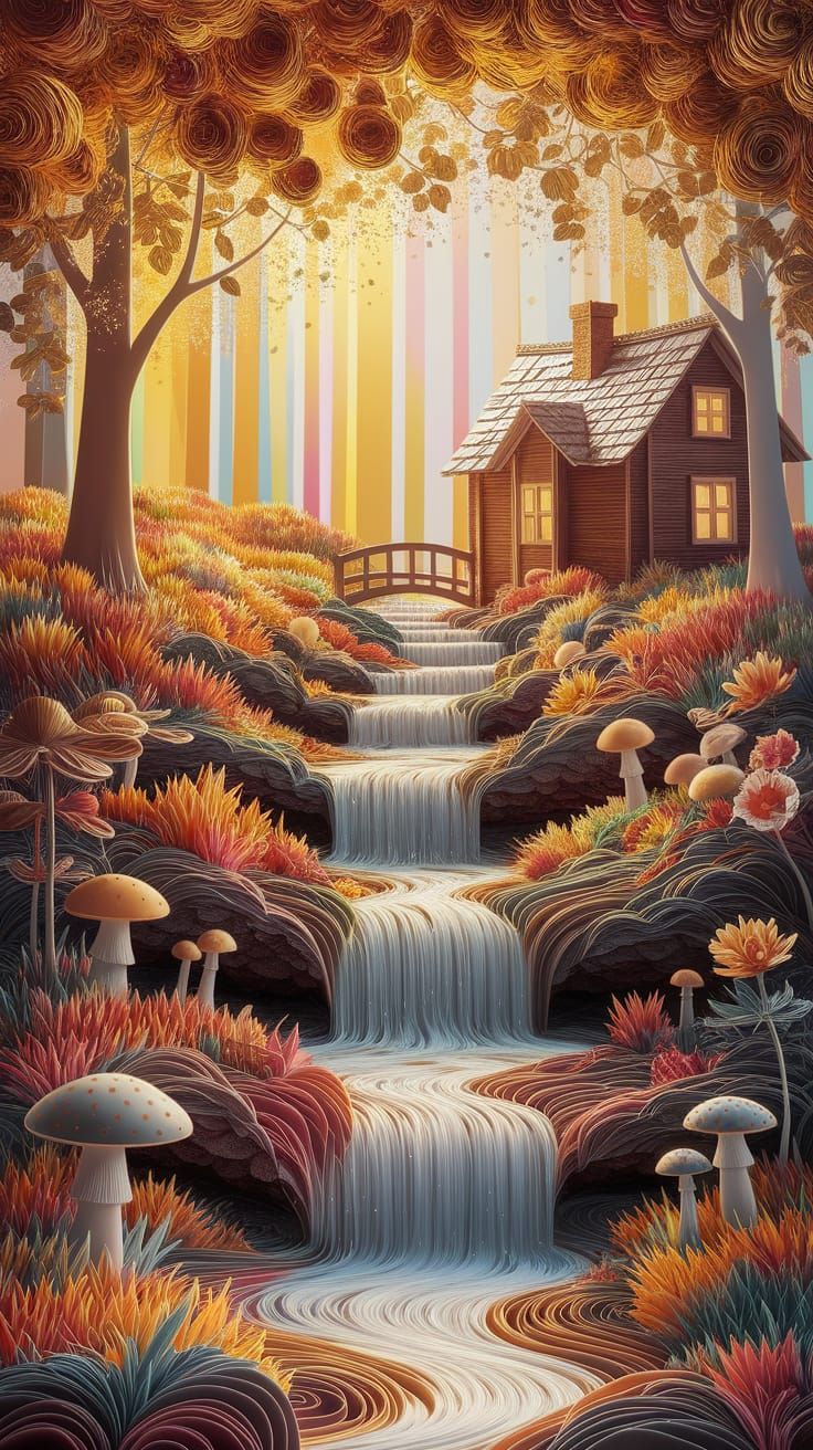 Origami Woodland Garden with Autumn Colors and Waterfalls
