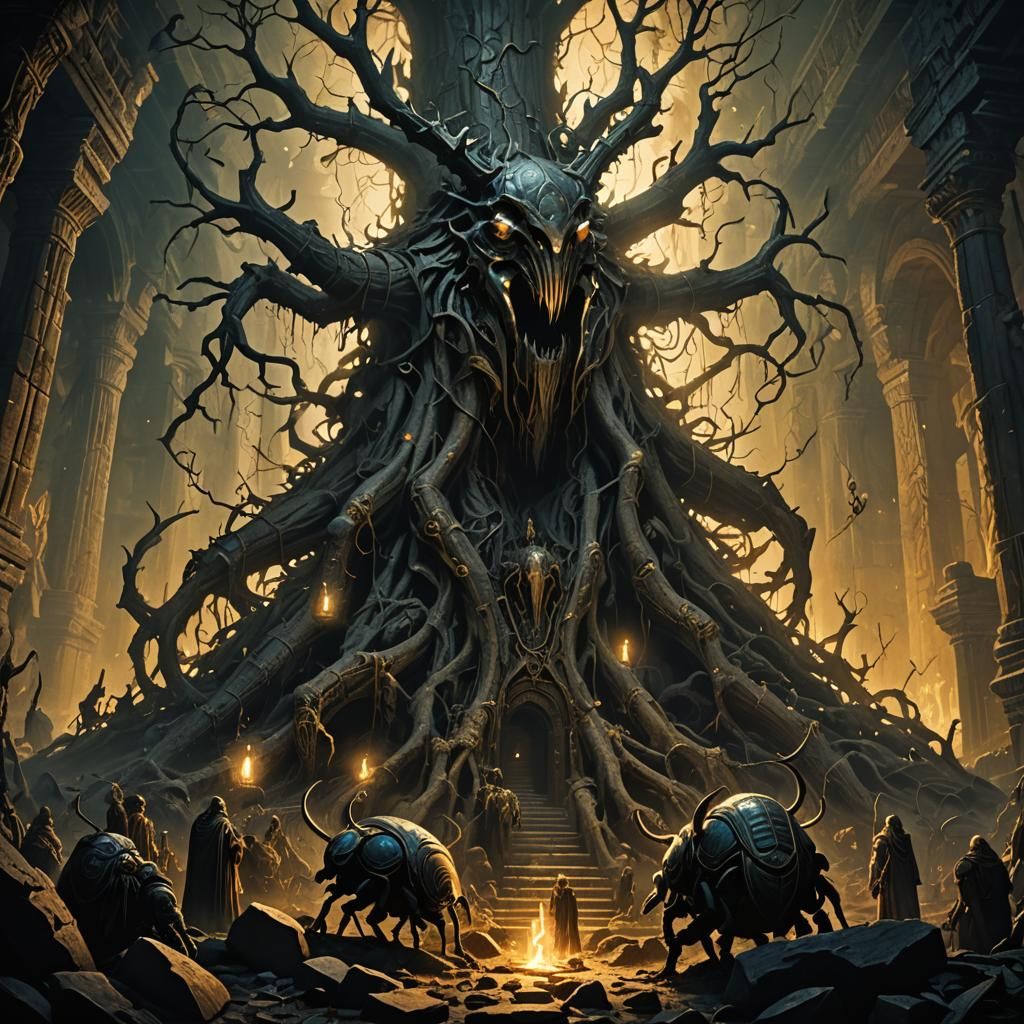 Beetle Creatures in Dark Fantasy Temple