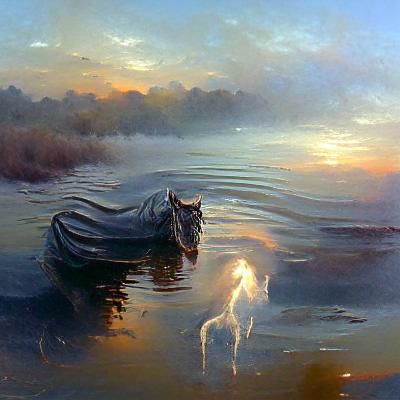 Water Horse at Dawn in Oil Painting Style