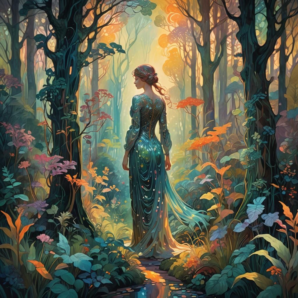 Mystical Forest Figure in Post-Impressionist Style