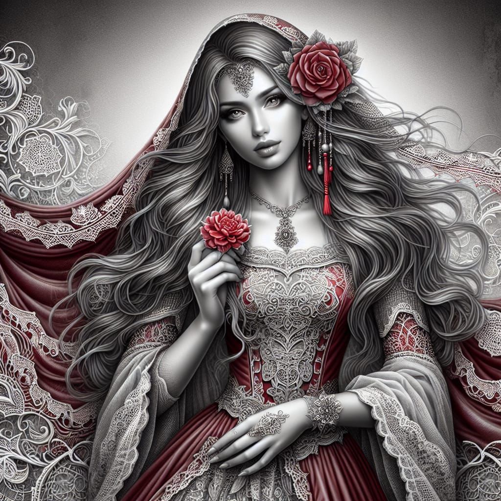 Elegant Woman in Red Dress: Gothic Digital Art