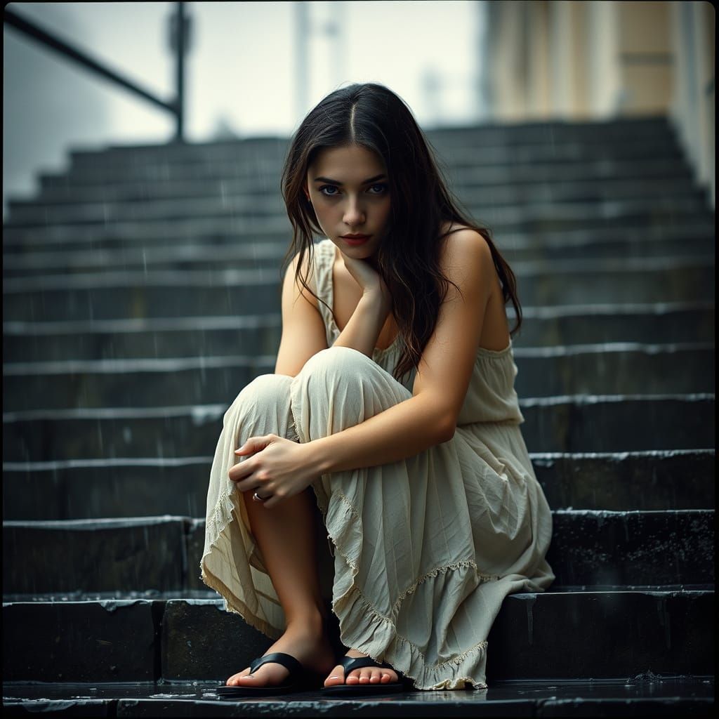 Woman in Rain: Atmospheric Cinematic Film Still