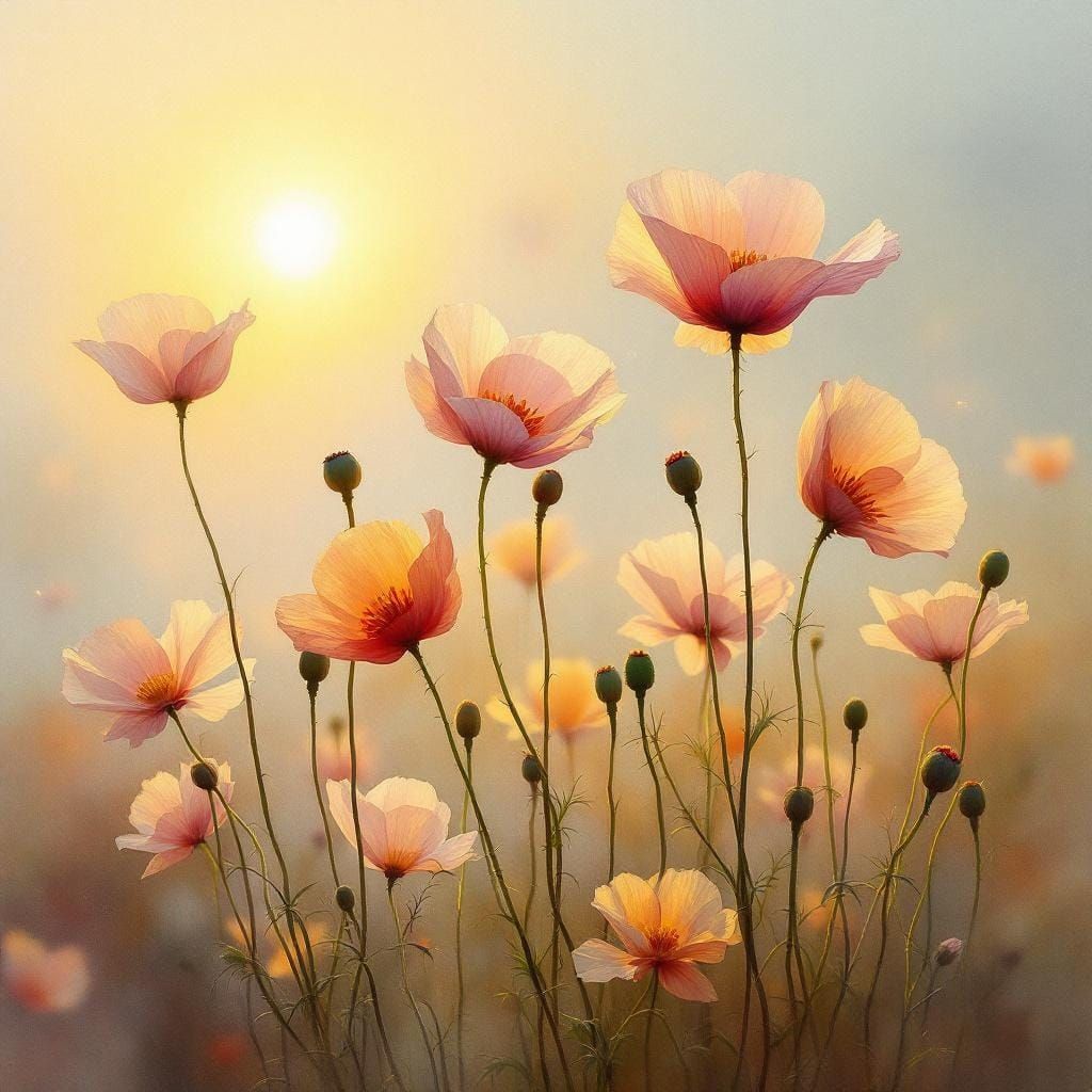 Misty Sunrise Over Chinese Poppies, Impressionist Style