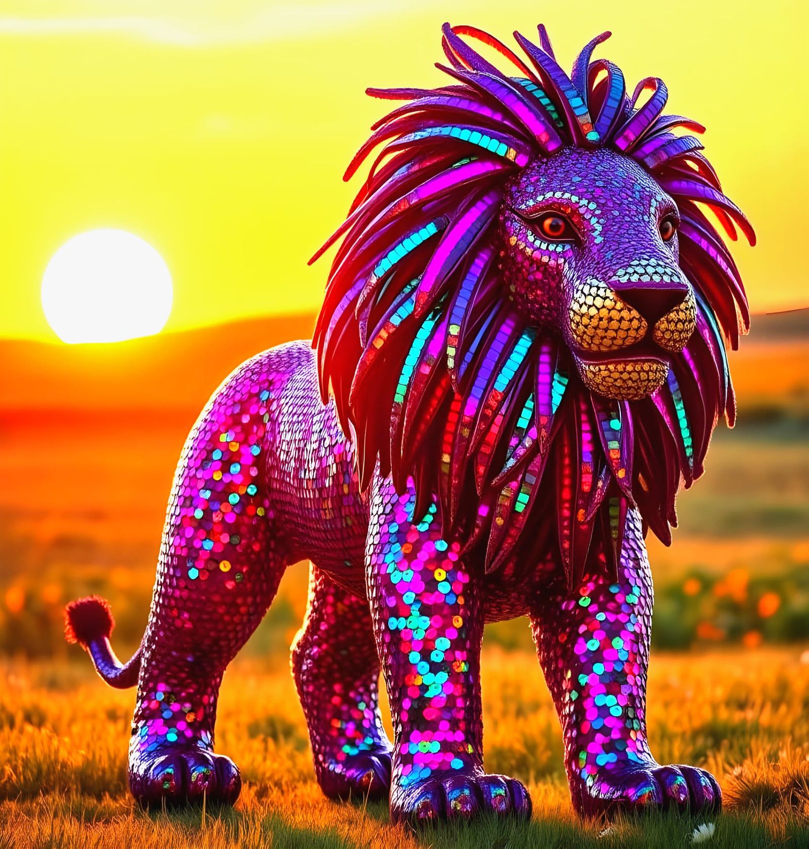 Vibrant Sequin Lion in Sunset Landscape