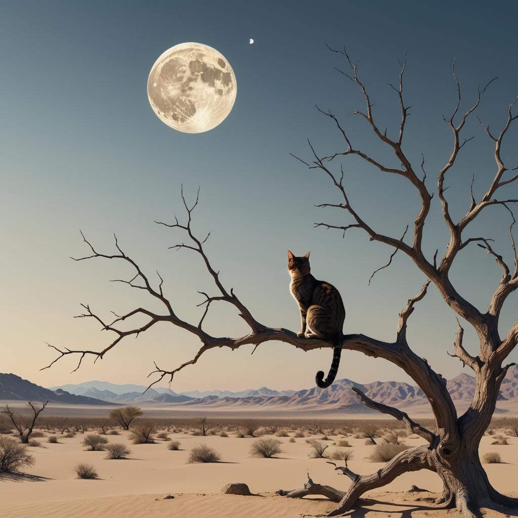 Surreal Cat in Desert Landscape, Digital Art