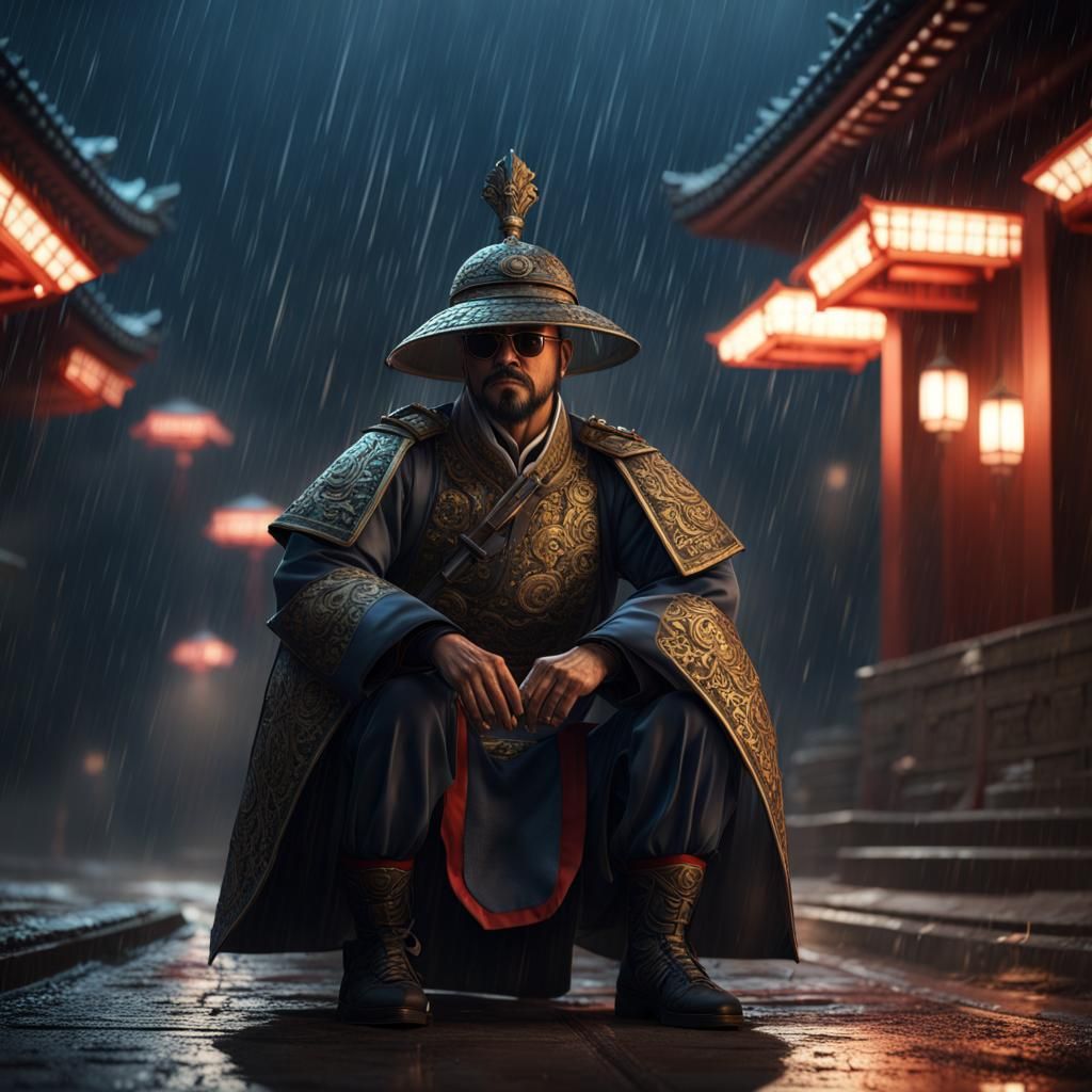 Joseon Royal Guard in Rain, Detailed Matte Painting