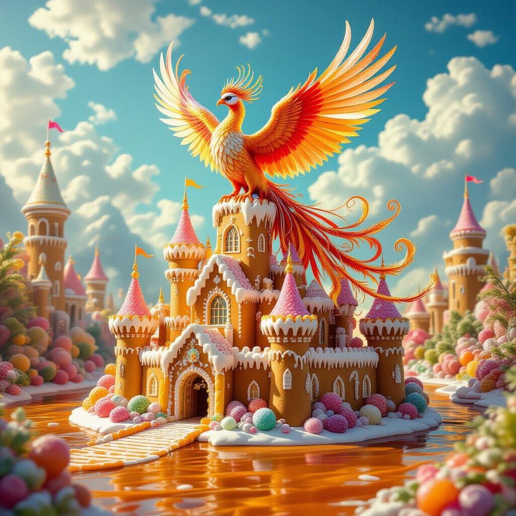 Phoenix Perched on Gingerbread Castle in Candy Kingdom