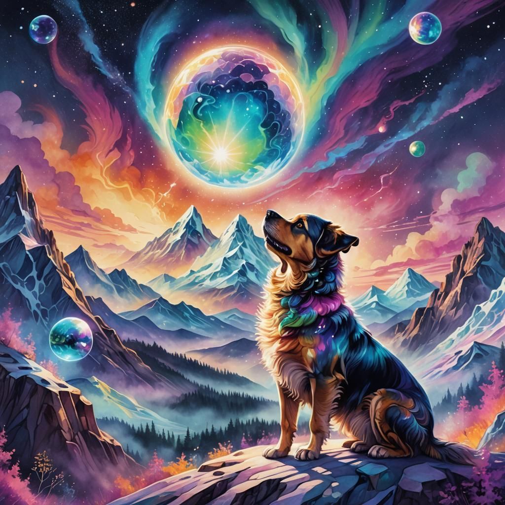 Astral Dog Playing Ball Illustration in Cosmic Style