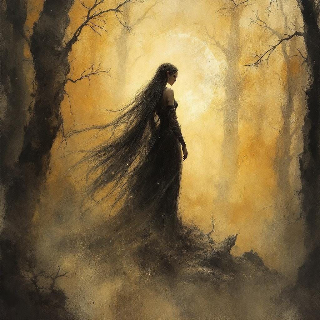 Elven Priestess with Golden Aura in Dark Art Style