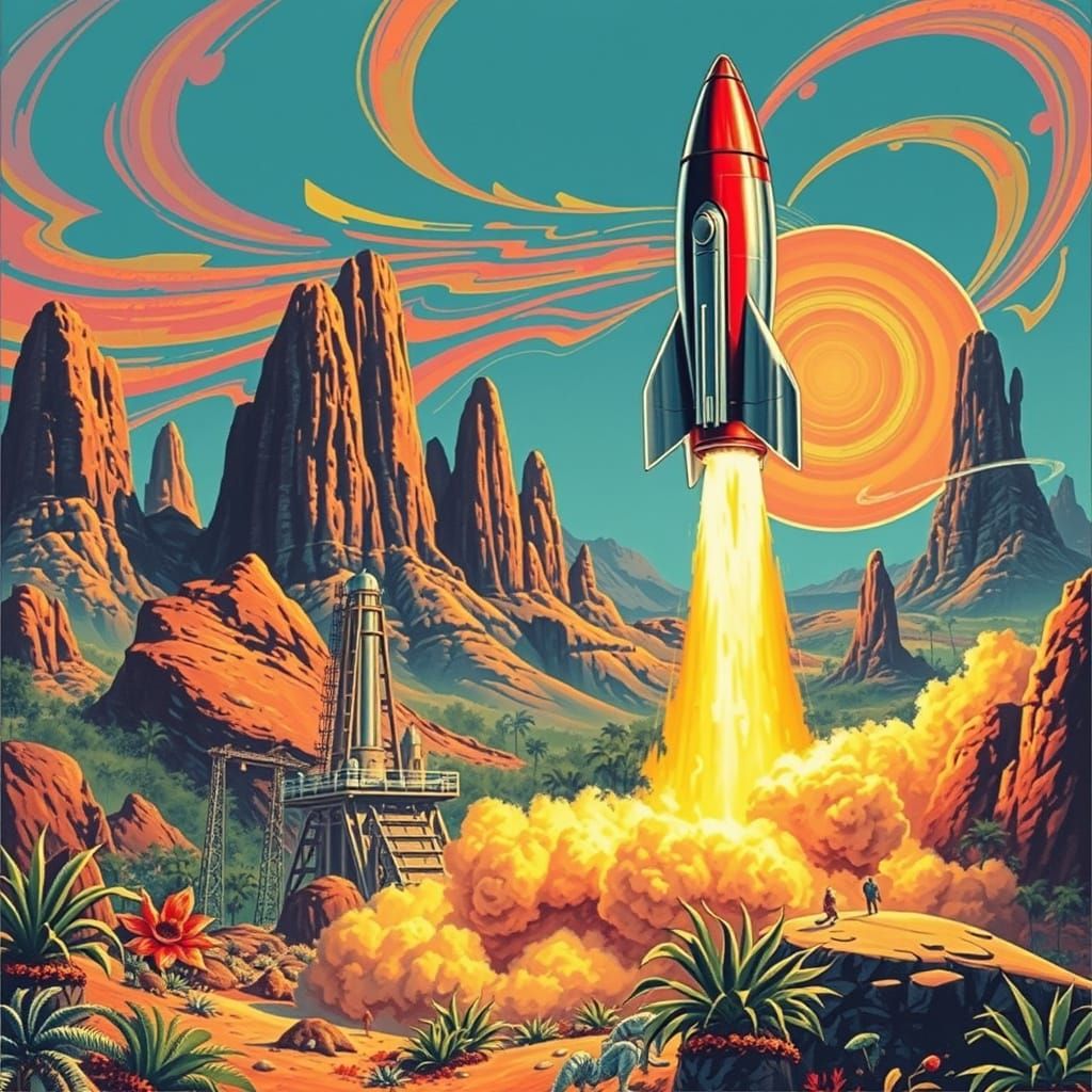 Retro-Futuristic Rocket Launch on Alien Planet