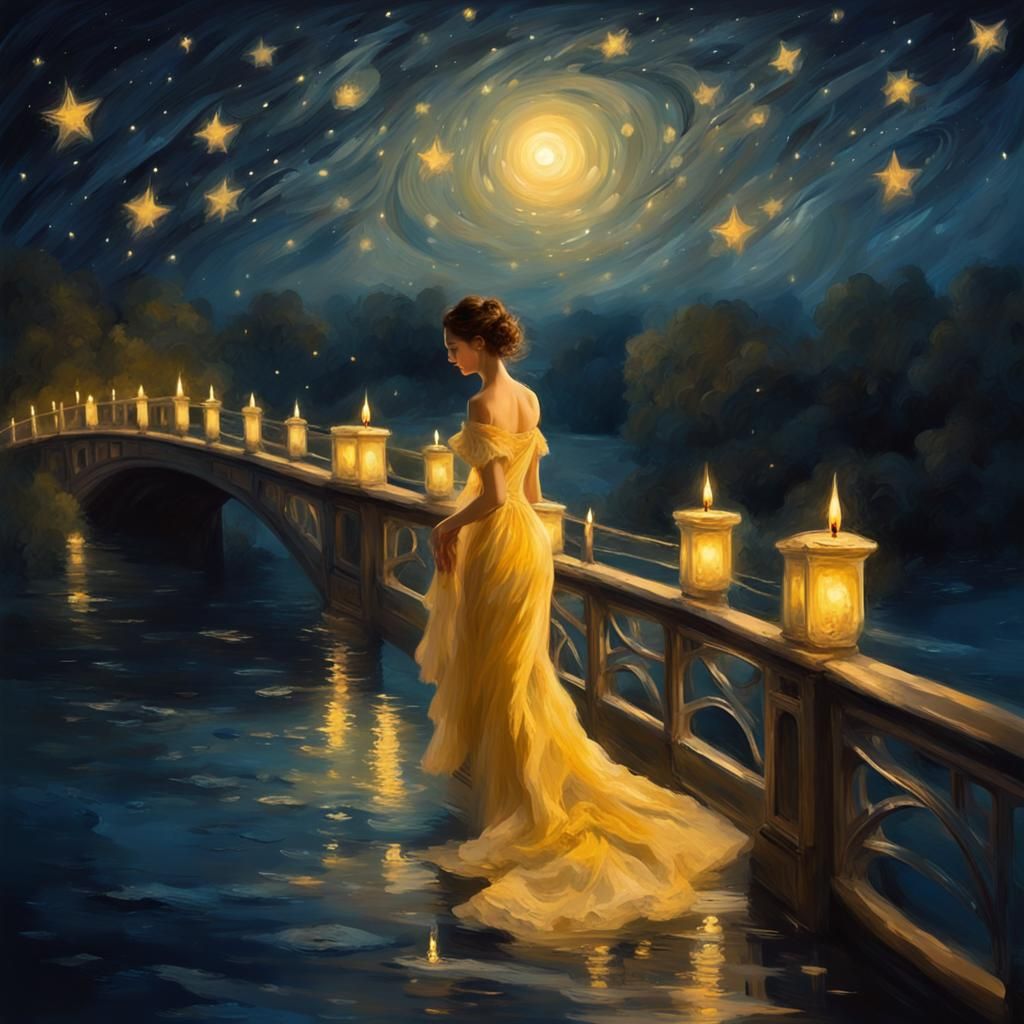 Dreamy Impressionist Woman Under Swirling Starry Night