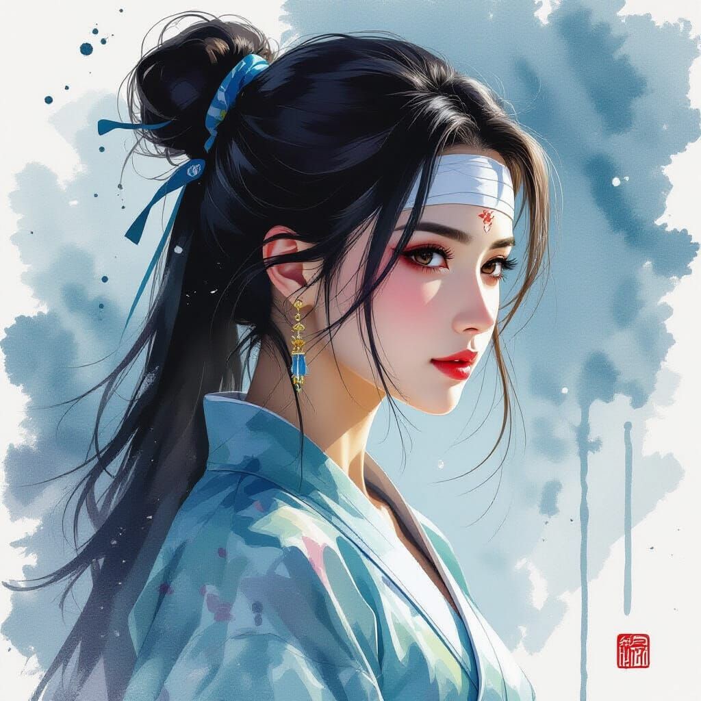 Oriental Woman with Bandage in Realistic Anime Style