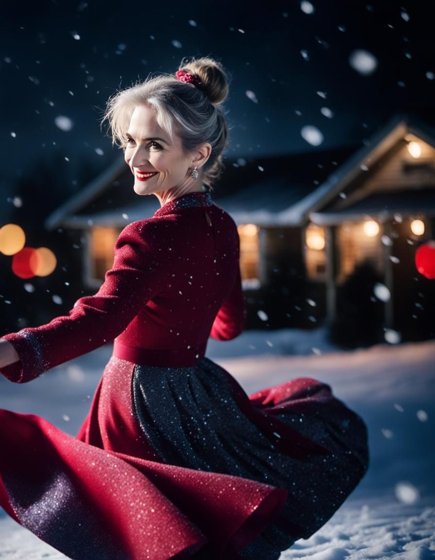 Winona Ryder Hybrid Dancing in Snowfall with Red Dress