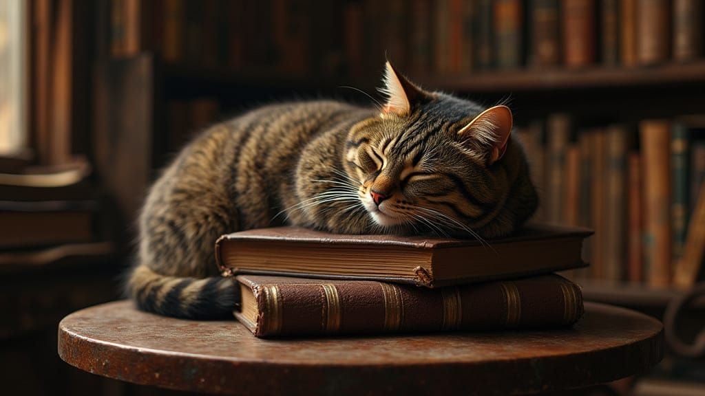 Rembrandt Cat in Cozy Sweater on Vintage Books