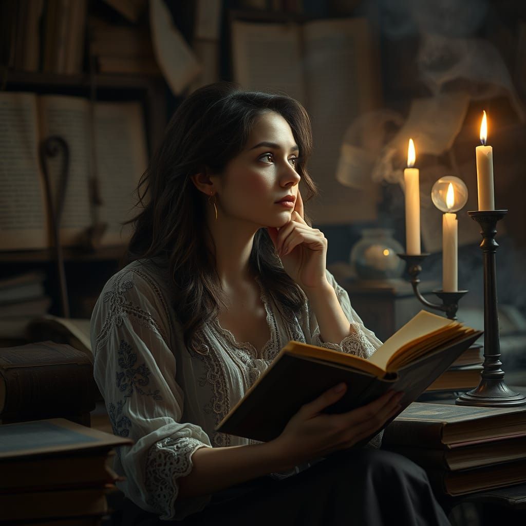 Woman Pondering Meaning in Dreamlike Digital Art