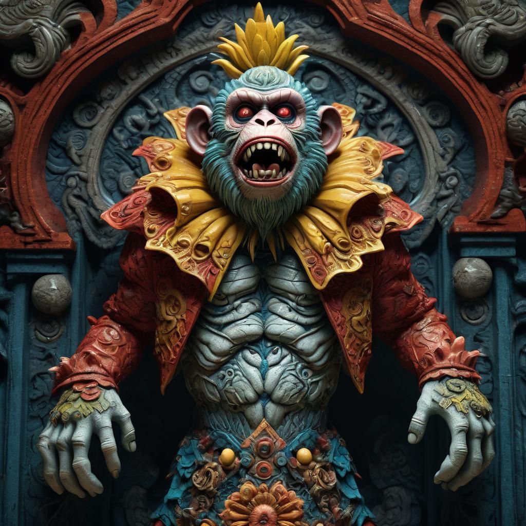 Intricate Zombie Monkey Monster Clown Emerges from Chaos
