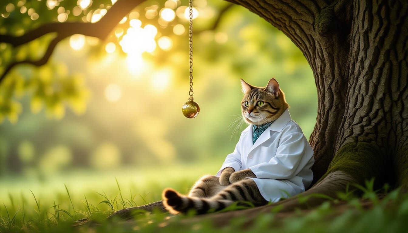Whimsical Scientist Cat Under Mystical Oak Tree